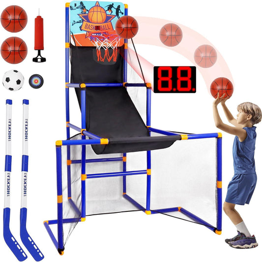 3 in-1 Kids Arcade Basketball Game & Hockey & Soccer, with 4 Basketball Balls, Football, Hockey, Hockey Stick, Pump, Electronic Scoreboard Sound for Toddlers, Basketball Goal for Kids Boys Girls