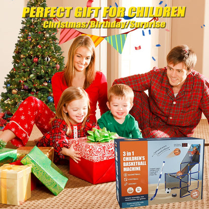 3 in-1 Kids Arcade Basketball Game & Hockey & Soccer, with 4 Basketball Balls, Football, Hockey, Hockey Stick, Pump, Electronic Scoreboard Sound for Toddlers, Basketball Goal for Kids Boys Girls