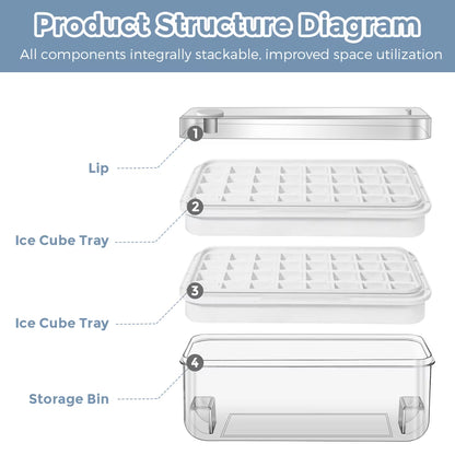Ice Cube Tray for Freezer, 64 Nuggets Ice Cubes Molds with Lid and Bin, Silicone Ice Freezer Container, Spill- Removable Lid & Ice Scoop, for Whiskey,Cocktail ,White