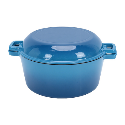 2 in 1 Cast Iron Dutch Oven Pot with Skillet Lid, 6+2 QT Pre-Seasoned Multipurpose Cookware for baking, braising, and stewing, Blue