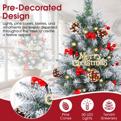 Set of 2 Pathway Christmas Tree Urn Filler, Pre-lit Artificial Small Xmas Tree with Cones & Red Berries, 60 Warm Lights Outdoor Christmas Porch Decorations for Gardens, Porch & Yard