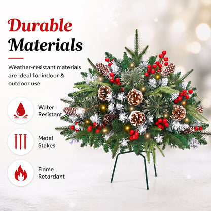 2 Pack 24" Lighted Pathway Christmas Tree Outdoor Urn Filler, Artificial Xmas Pine Trees with Tripod Stake, Battery Powered LED Lights, Snowy Pinecone Berries Decorations for Porch, Driveway, Yard