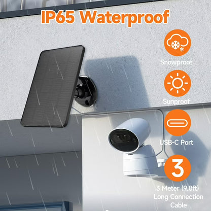 6W Solar Panel Charger, Solar Panel with Micro USB & USB C Port for DC 5V Outdoor Rechargeable Battery Camera, IP66 Waterproof, 360° Adjustable Security Mount, Black