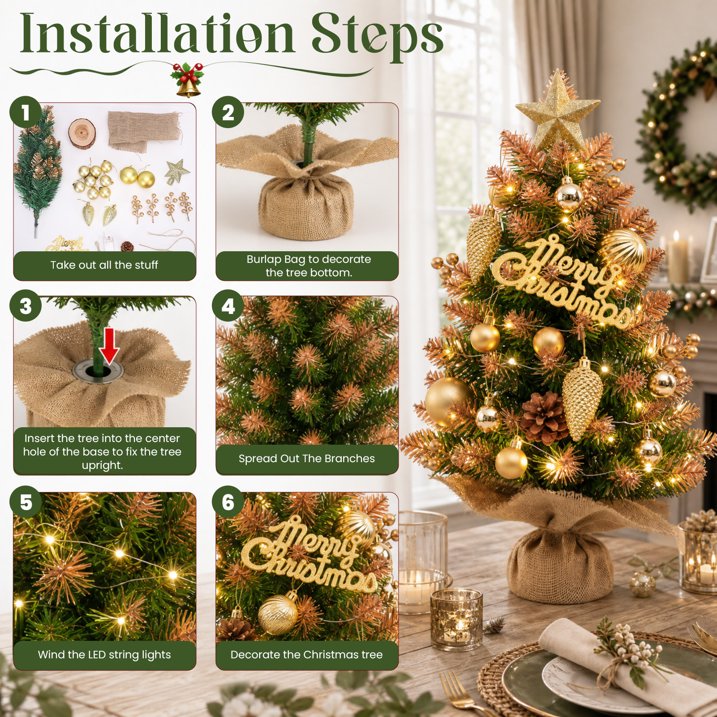 Mini Christmas Tree Tabletop Set with LED Lights, Artificial Small Christmas Tree with Star Treetop, Berries Pinecone, Ball Ornaments, DIY Xmas Decorations for Home Office and Indoor Festive Displays
