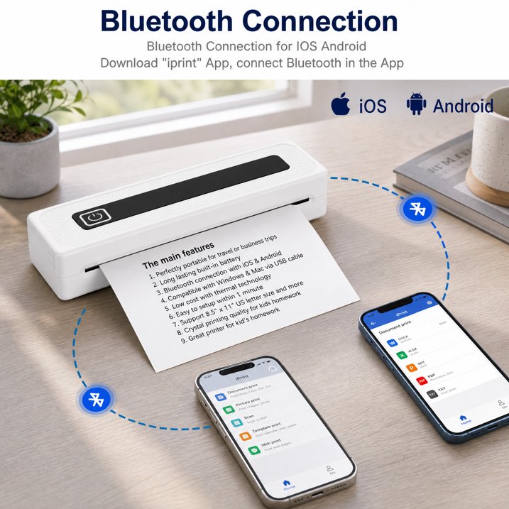 Bluetooth Thermal Printer, Portable Printer Wireless for Travel,Office&School, Includes Rolls Paper – Supports US Letter,A4 Thermal Paper, Inkless Printing, Compatible with iOS,Android & Laptops