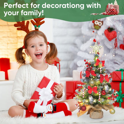 24 inch Tabletop Christmas Tree, 2ft Pre-Lit Christmas Tree w/ Star Treetop, Mini Xmas Small potted Tree w/ LED String Lights, Branch Tips DIY Ornaments, Pine Cones, Balls for Table Indoor Home, Red