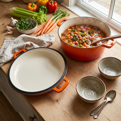 2 in 1 Cast Iron Dutch Oven Pot with Skillet Lid, 6+2qt Pre-Seasoned Multipurpose Cookware for baking, braising, and stewing, Orange