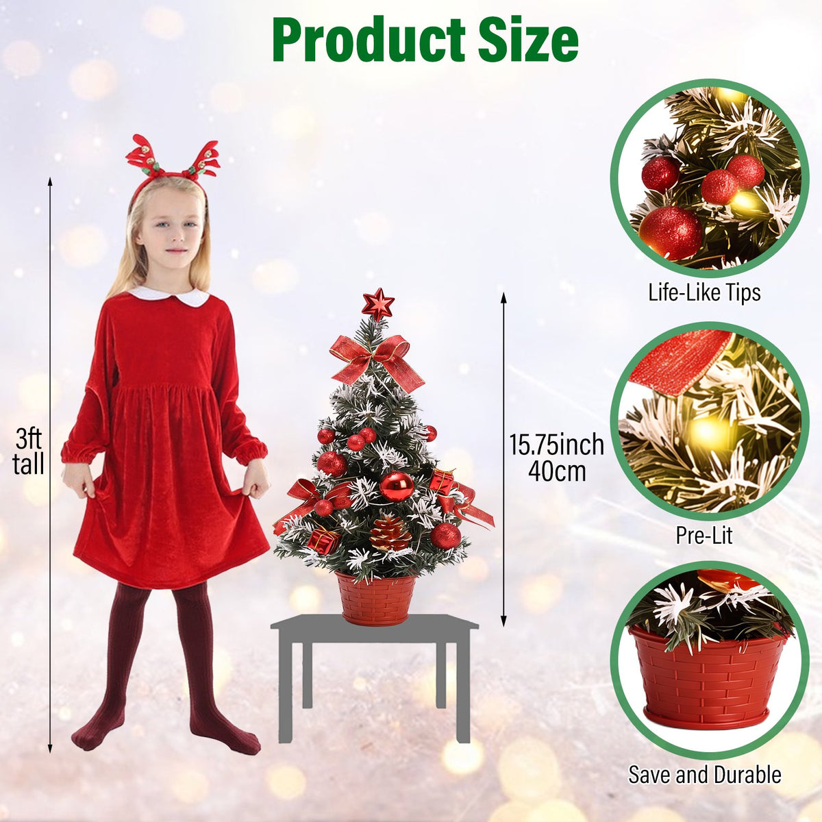 3 Pack Pre-lit Mini Christmas Tree, 16inch Snowy Flocked Tabletop Small Artificial Christmas Tree with 30 LED Lights, Berries Ball Ornaments, Perfect for Home Kitchen Desk Holiday Xmas Decorations