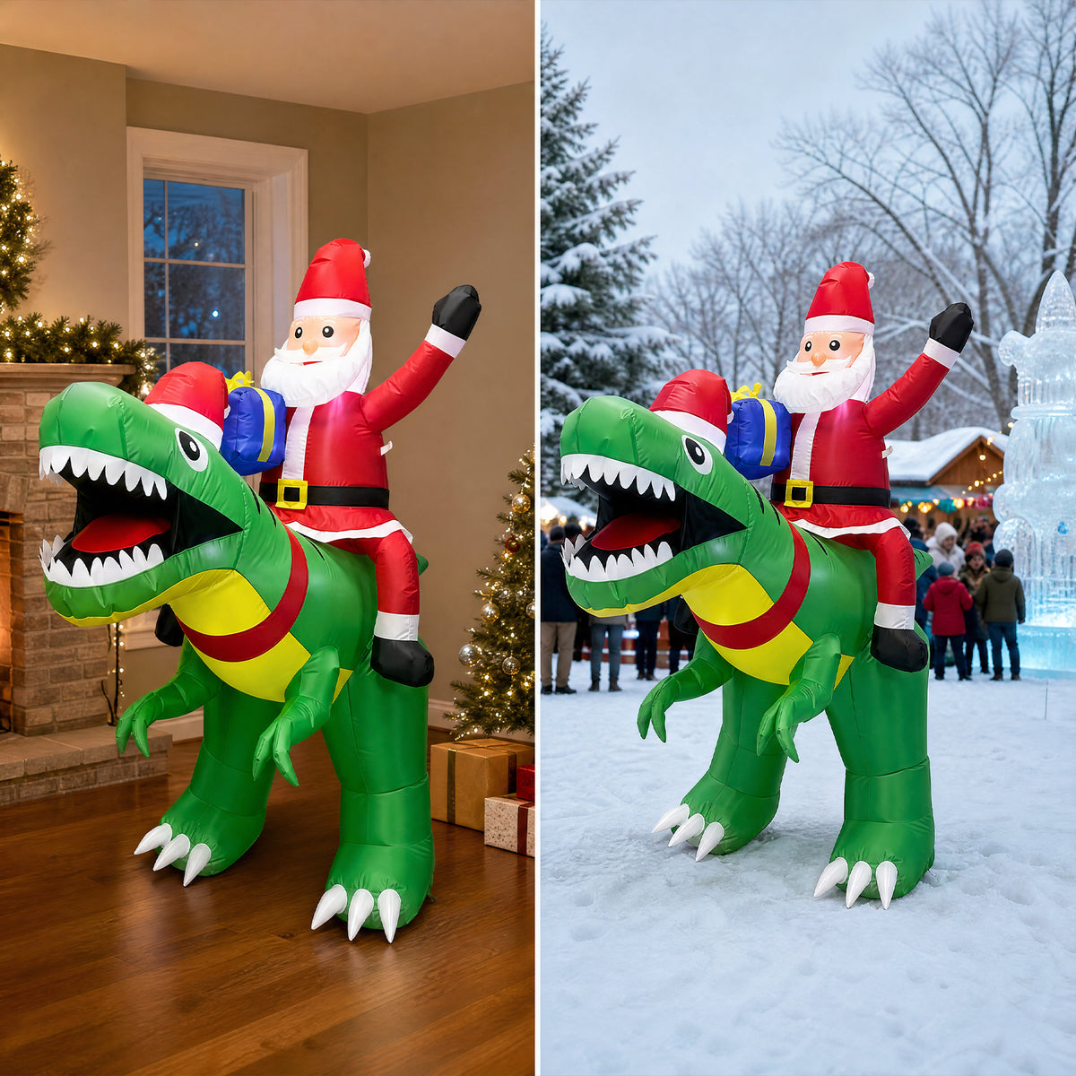 9FT Christmas Inflatables Santa Ride on Dinosaur with LED Outdoor Christmas Dinosaur Inflatable Blow Up Yard Decorations with Sandbags Stakes Strings for Garden Decor