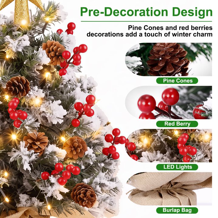 22 inch Tabletop Christmas Tree with Lights, Snowy Artificial Small Christmas Trees Battery Operated 30 Warm Lights Red Berries Pine Cone Stable Base Mini Tree Xmas Decorations Indoor Holiday