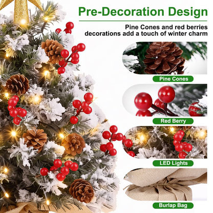 22 inch Tabletop Christmas Tree with Lights, Snowy Artificial Small Christmas Trees Battery Operated 30 Warm Lights Red Berries Pine Cone Stable Base Mini Tree Xmas Decorations Indoor Holiday