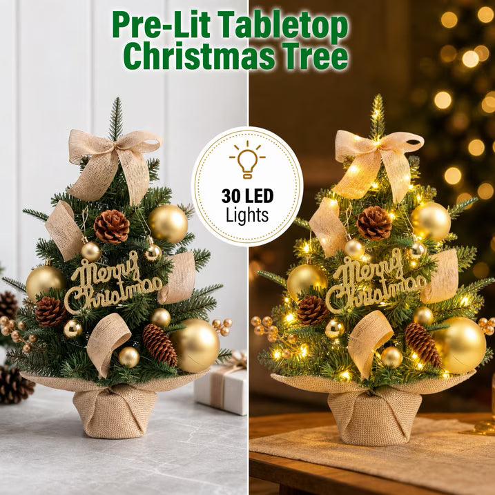 Mini Christmas Tree Tabletop Set with 30 LED Lights, 18 inch Artificial Xmas Tree with PineCones Berries Bows Balls & Gift Boxes Ornaments, Perfect DIY Xmas Decorations for Holiday Home Kitchen
