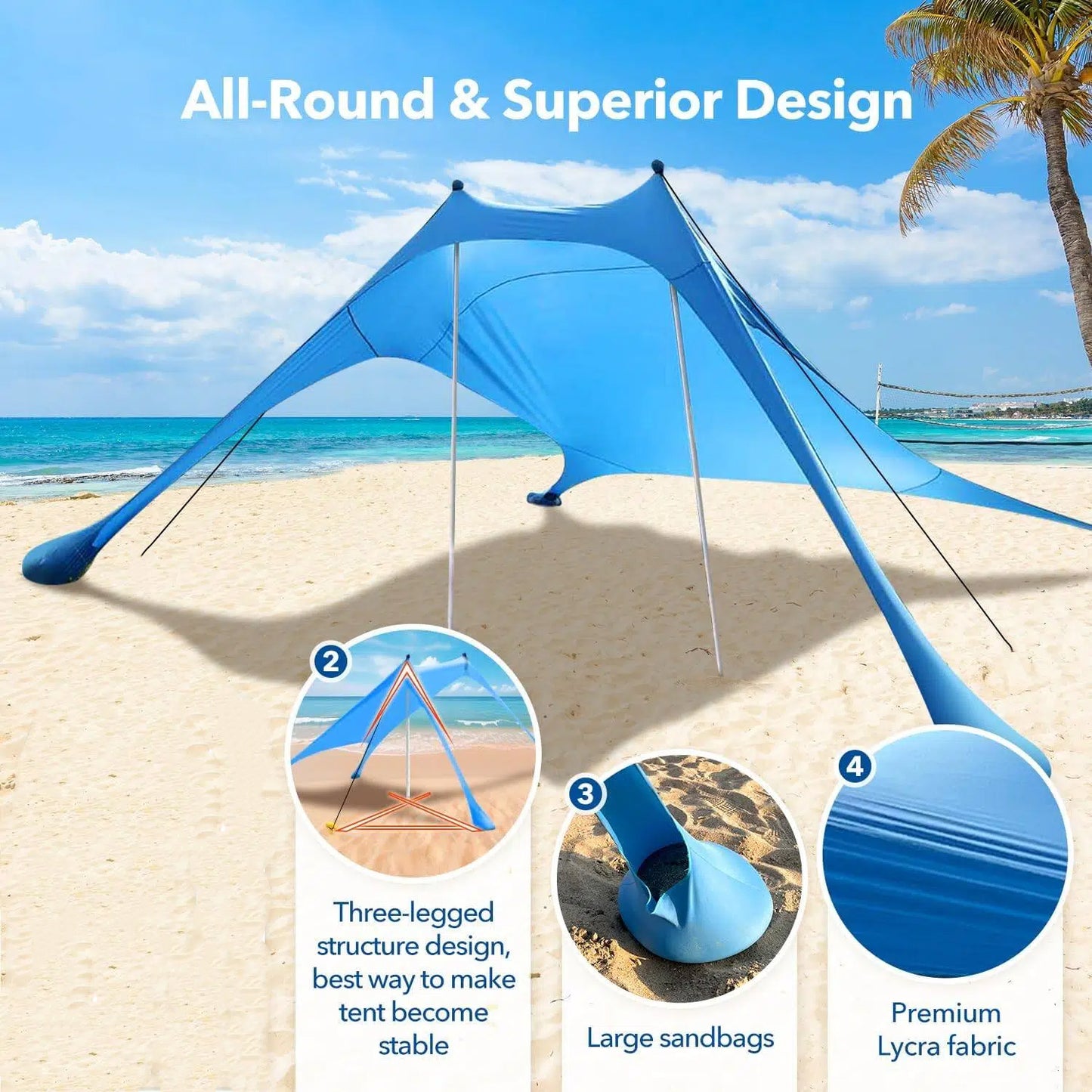 Beach Tent Canopy 6.9'x6.6' Sun Shelter for 4-5 Person Beach Canopy Tent Sun Shade Easy Setup Beach Shade Canopy Portable Beach Tent UPF 50+ Waterproof