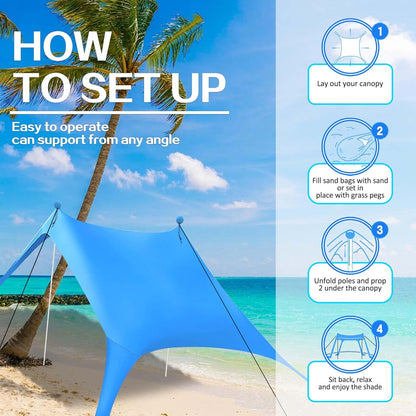 Beach Tent Canopy 6.9'x6.6' Sun Shelter for 4-5 Person Beach Canopy Tent Sun Shade Easy Setup Beach Shade Canopy Portable Beach Tent UPF 50+ Waterproof