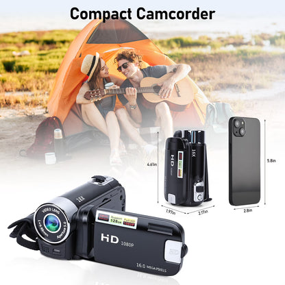 Camcorder Video Camera, Digital Camera 1080P 16X Digital Zoom Cam Corder with Built-in Battery, 2.7" Colourful Rotatable Screen Webcam Anti-Shake 16MP Vlogging Camera for YouTube & Beginner, Black