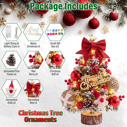 45cm Snow Flocked Mini Xmas Tree with Lights/Base Pinecones Red Berries Artificial Tabletop Xmas Tree for Festive Home Decor Red