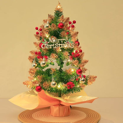 Mini Christmas Tree with Lights, Battery Operated 18 inch Small Artificial Table Top Christmas Tree Decoration with Red Berries, Ball Ornaments, Deer Ornaments DIY Holiday Home Office Indoor Decor