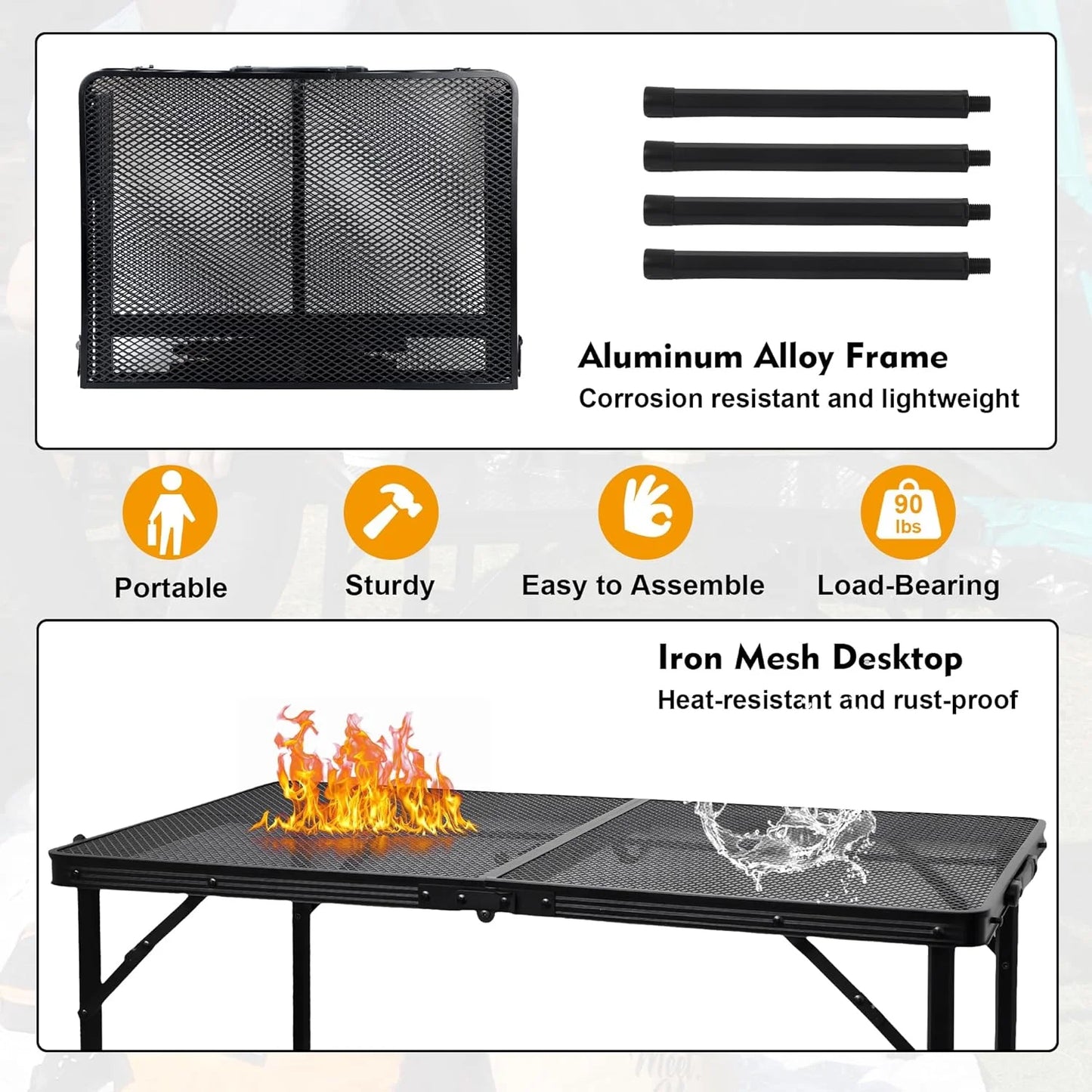 3FT Camping Folding Table with Adjustable Height(16.5"/26"), Black Metal Mesh Table with Carry Handle, Lightweight Portable Folding Grill Table for Camping Tailgating BBQ Picnic Indoor, up to 66 lbs