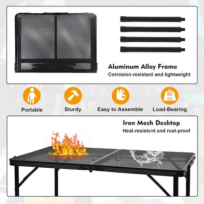 3FT Camping Folding Table with Adjustable Height(16.5"/26"), Black Metal Mesh Table with Carry Handle, Lightweight Portable Folding Grill Table for Camping Tailgating BBQ Picnic Indoor, up to 66 lbs