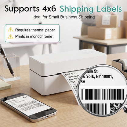 Bluetooth Thermal Shipping Label Printer, 4x6 Portable Thermal Address Label Maker for Small Business, Compatible with iPhone/Android/Windows/Mac, Works with Etsy Shopify USPS & More, White