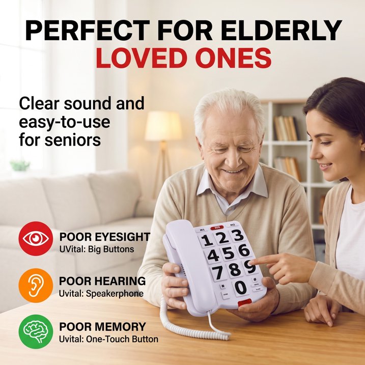 Large Button Phones for Seniors, Land Line Phones for Elderly, Big Button Home Telephone for the Visually Impaired, 110dB+ Amplified Ringer & 80dB+ Handset Volume for the Hearing Impaired Phone
