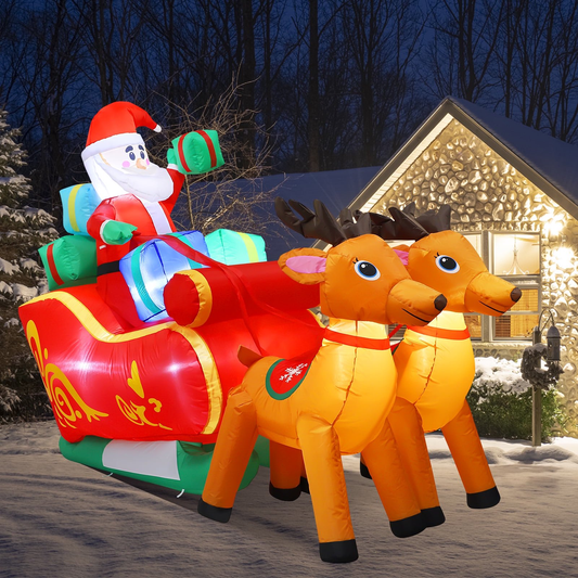 6FT Long Christmas Inflatable Santa Claus on Sleigh with Reindeer and Gift Boxes LED Lighted Blow up Outdoor Yard Decoration for Holiday Christmas Party Yard Garden