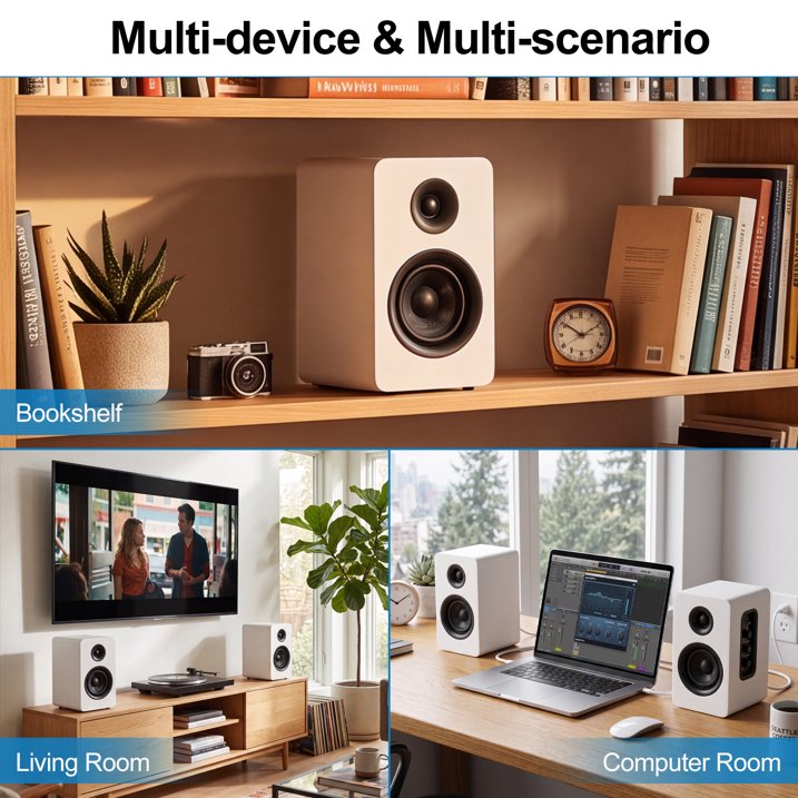 3" Active Bluetooth 5.0 Bookshelf Speakers, 80W Carbon Fiber Speaker Unit - Built-in 24bit DAC Dynamic 3D Surround Sound 2.0 Computer PC Monitor Gaming (Pair, White)