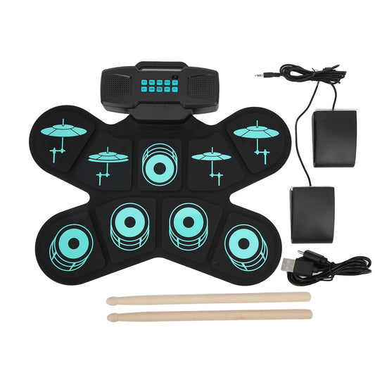Electronic Drum Set Kids Portable Drum Set with 2 Built-in Stereo Speakers, Foot Pedals, Sticks, 10 Demo 10 Tunes Support DTX Gaming