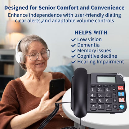 Large Key Wired Telephone, Dual Interface Wired Landline Phones with Caller ID/Hands-Free for Office, Big Button Corded Phones for Seniors, 3 Group One-Touch Dialing, Adjustable Volume & Ringing