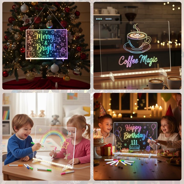 LED Drawing Board with 7 Color Light Modes, 11.8"x7.9" Neon Art Dry Erase Light Up Drawing Pad with Built-in Stand, 7 Markers, Soft Cloth, Hanging Chain, Sketching Gift for Holiday Birthday Christmas