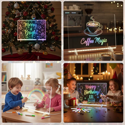 LED Drawing Board with 7 Color Light Modes, 11.8"x7.9" Neon Art Dry Erase Light Up Drawing Pad with Built-in Stand, 7 Markers, Soft Cloth, Hanging Chain, Sketching Gift for Holiday Birthday Christmas