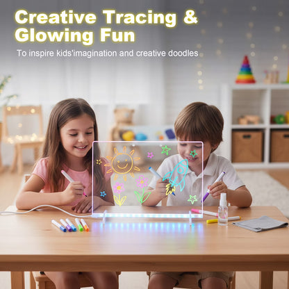 LED Drawing Board with 7 Color Light Modes, 11.8"x7.9" Neon Art Dry Erase Light Up Drawing Pad with Built-in Stand, 7 Markers, Soft Cloth, Hanging Chain, Sketching Gift for Holiday Birthday Christmas