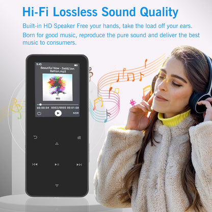 64GB MP3 Player with Bluetooth 5.0 Portable Digital Music Player with Speaker, Voice Recorder, E-Book, Video, 1.8 inch Screen Touch Buttons Digital Audio Player, Black