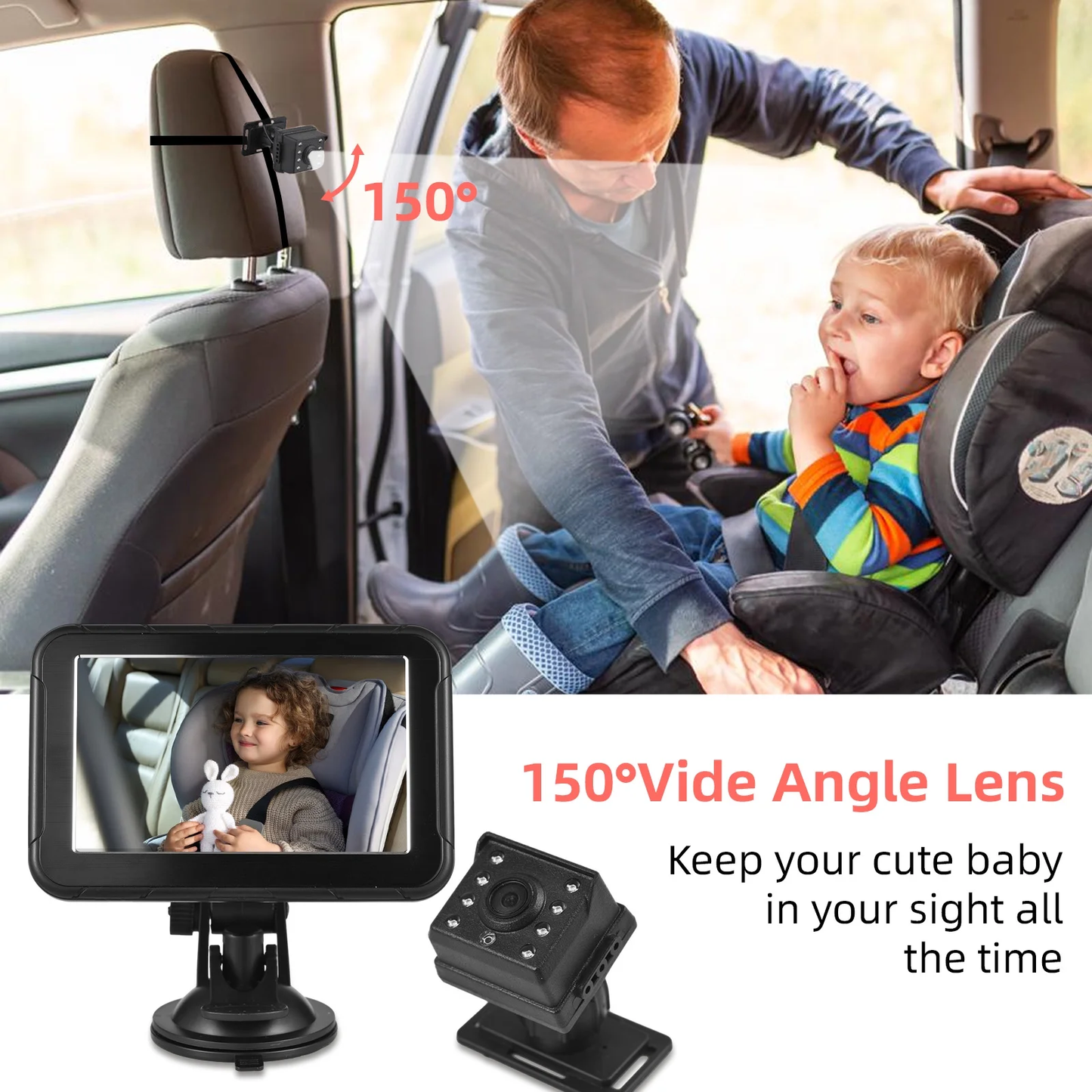 1080P Baby Car Camera with 5" HD Monitor, Rear-Facing Baby Car Seat Monitor with Night Vision, Wide Angle Backseat Baby Camera for Safe Driving
