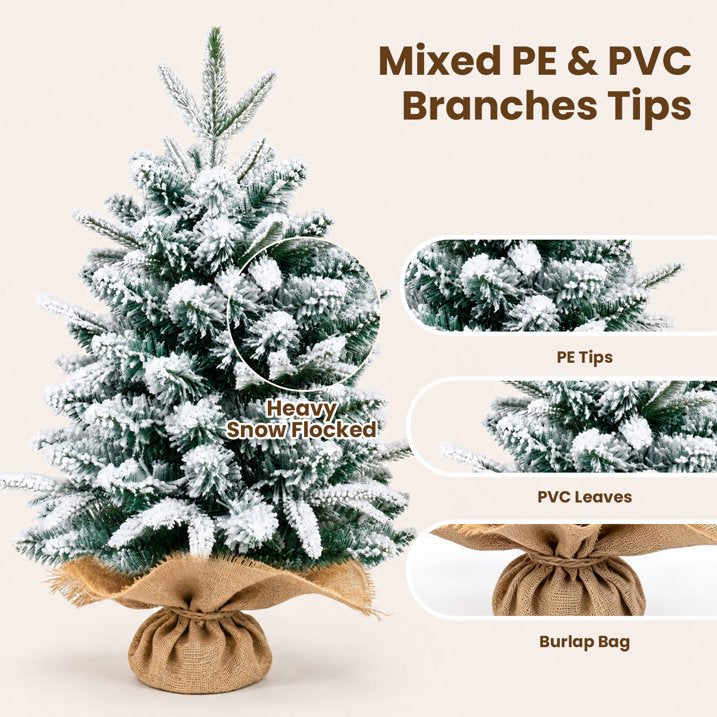 2ft Snow Flocked Tabletop Christmas Tree, Green & White Desk Xmas Tree with 90 Tips & Burlap Base Mini Xmas Pine Tree for Table Desk Home Christmas Holiday Decor