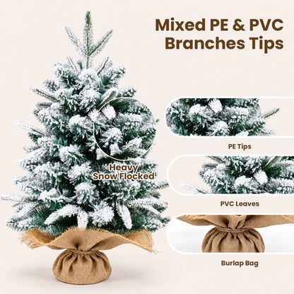 2ft Snow Flocked Tabletop Christmas Tree, Green & White Desk Xmas Tree with 90 Tips & Burlap Base Mini Xmas Pine Tree for Table Desk Home Christmas Holiday Decor