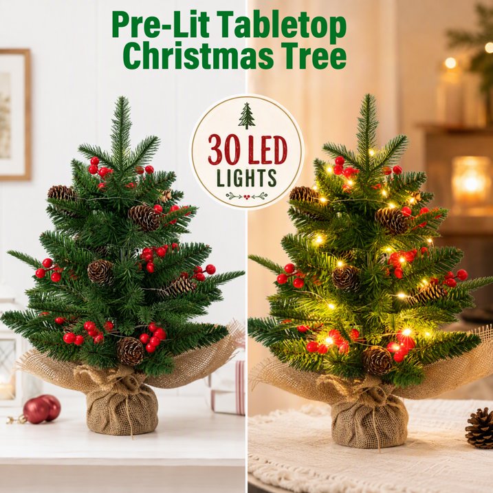 Mini Christmas Tree with LED Lights, 18 inch Small Xmas Tree with Red Berries & Pinecone, Easy Setup Table Decorations for Home, Office, Dining Table and Indoor Festive Displays