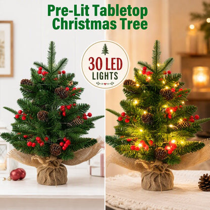 Mini Christmas Tree with LED Lights, 18 inch Small Xmas Tree with Red Berries & Pinecone, Easy Setup Table Decorations for Home, Office, Dining Table and Indoor Festive Displays