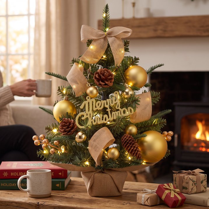 Mini Christmas Tree Tabletop Set with 30 LED Lights, 18 inch Artificial Xmas Tree with PineCones Berries Bows Balls & Gift Boxes Ornaments, Perfect DIY Xmas Decorations for Holiday Home Kitchen