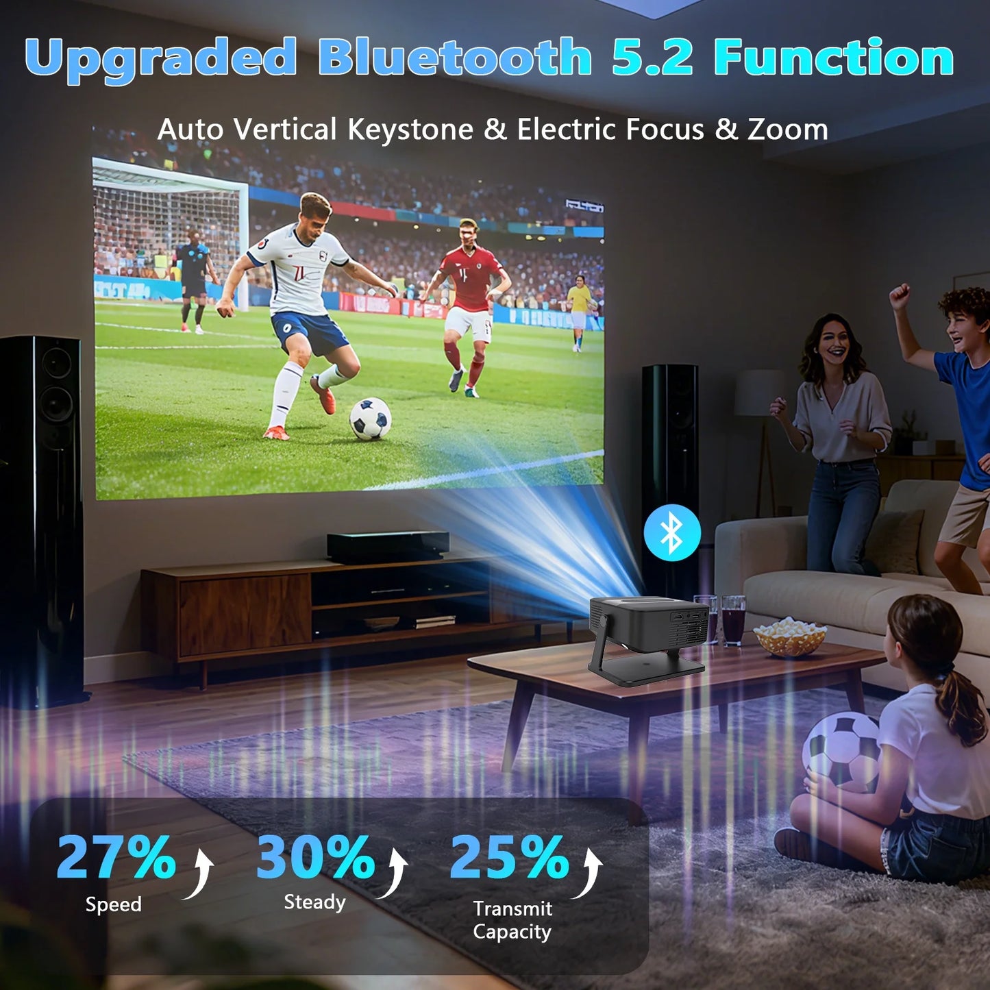 Smart Projector with WiFi and Bluetooth, Portable Outdoor Movie Projector Supports 4K with Android System, 120'' Screen Mini Projector Auto Keystone Compatible with HD-MI/USB/Smartphone/PC/Laptop