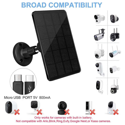 Solar Panel for Security Camera, 4W USB Solar Panel for DC 5V Outdoor Rechargeable Battery Camera, IP65 Waterproof, Support Micro USB & USB C Port with 9.8ft Cable, Adjustable Security Mount, Black