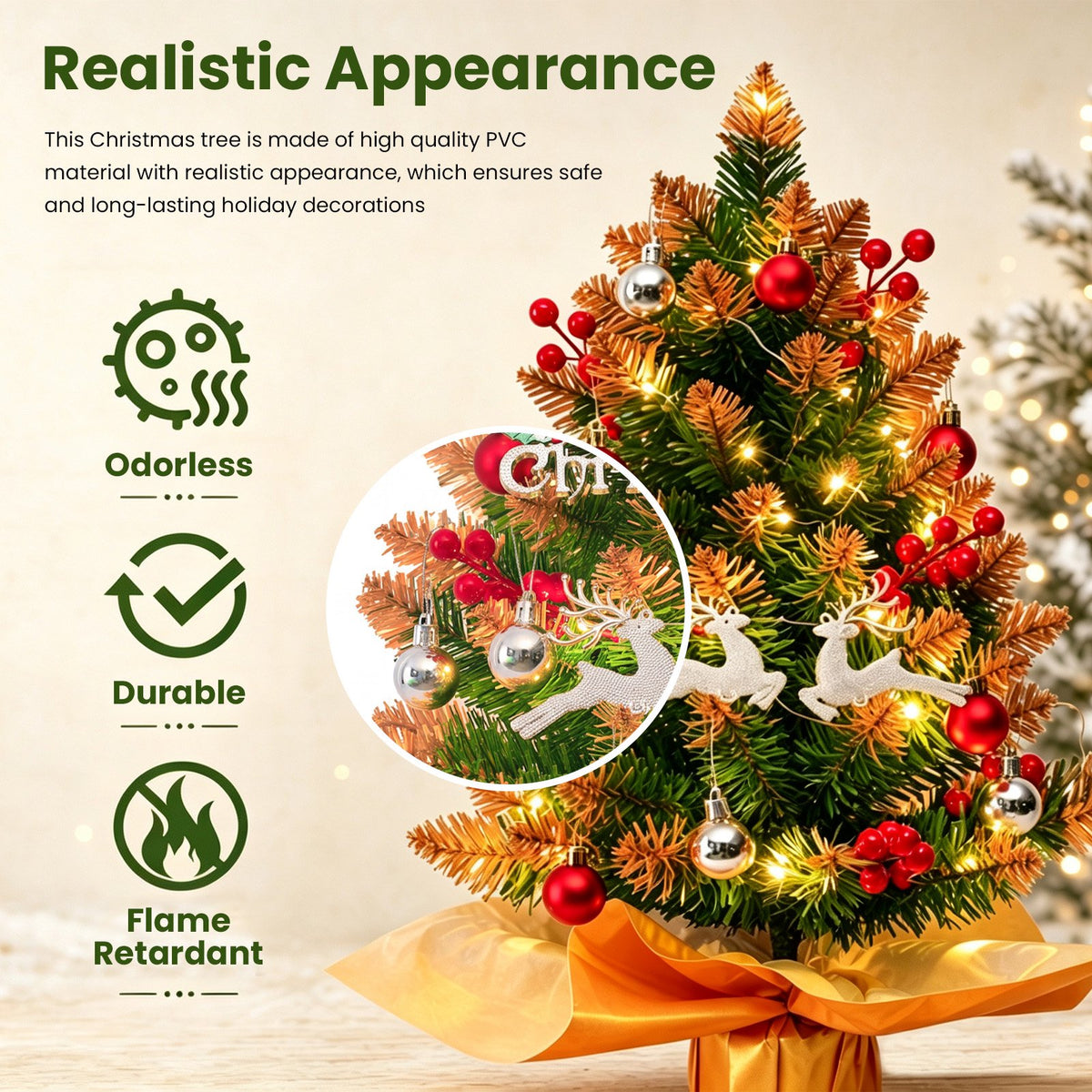 Mini Christmas Tree with Lights, Battery Operated 18 inch Small Artificial Table Top Christmas Tree Decoration with Red Berries, Ball Ornaments, Deer Ornaments DIY Holiday Home Office Indoor Decor