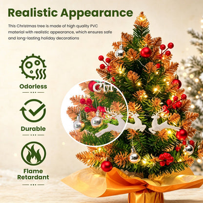 Mini Christmas Tree with Lights, Battery Operated 18 inch Small Artificial Table Top Christmas Tree Decoration with Red Berries, Ball Ornaments, Deer Ornaments DIY Holiday Home Office Indoor Decor