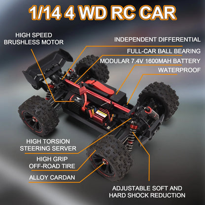 1:14 Brushless Fast RC Car for Adults Boys 56+MPH All Terrains 4WD High Speed Waterproof Remote Control Cars Truck Off Road RC Monster Truck with 3S Lipo Battery, LED Lights, Last up to 60 Mins