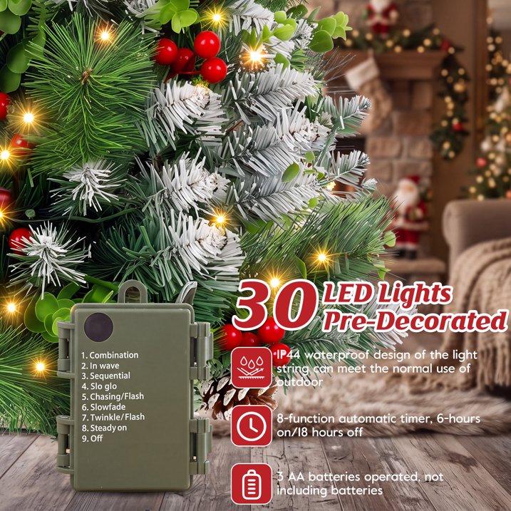 2 Pack 24inch Pre-Lit Pathway Christmas Trees Urn Filler, Artificial Mini Xmas Trees with Tripod Stake, 30 LED Lights & Timer, Battery Powered Outdoor Light Up Planter Filler Festival Holiday Decor