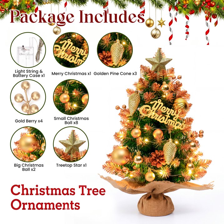 Mini Christmas Tree Tabletop Set with LED Lights, Artificial Small Christmas Tree with Star Treetop, Berries Pinecone, Ball Ornaments, DIY Xmas Decorations for Home Office and Indoor Festive Displays