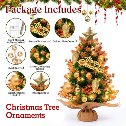 Mini Christmas Tree Tabletop Set with LED Lights, Artificial Small Christmas Tree with Star Treetop, Berries Pinecone, Ball Ornaments, DIY Xmas Decorations for Home Office and Indoor Festive Displays