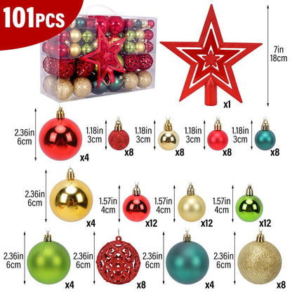 101 Pcs Christmas Ball Ornaments Set, 2.36 inch Small Mini Shatterproof Christmas Tree Decorations Set, Red & Green & Gold Hanging Holiday Baubles Bulk for Xmas Wreath, Garland, Party Home Decor