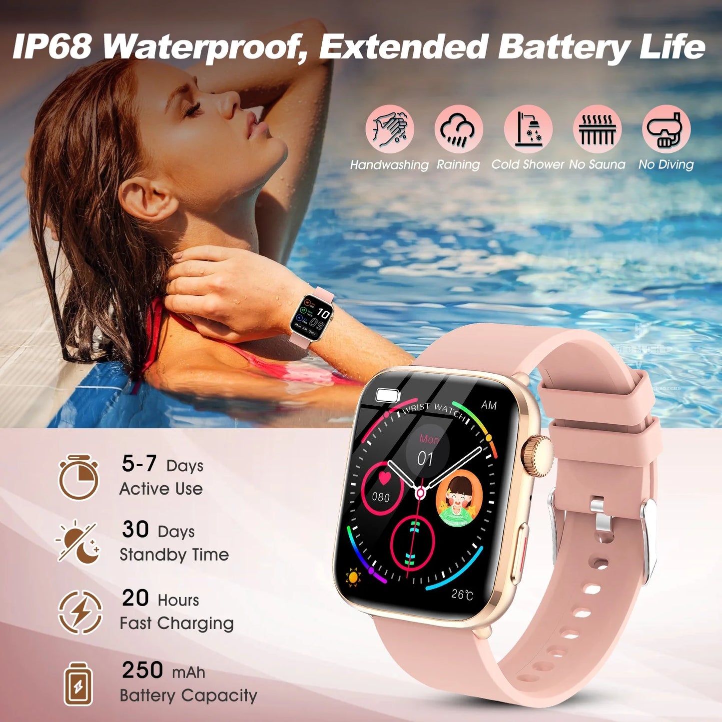 Smartwatch for Men Women, 1.85" HD Screen Smart Watch with Bluetooth Answer/Make Calls Fits for Android and iOS, 100+ Sport Modes/Message Reminder, IP68 Waterproof Fitness Tracker for Gift, Pink