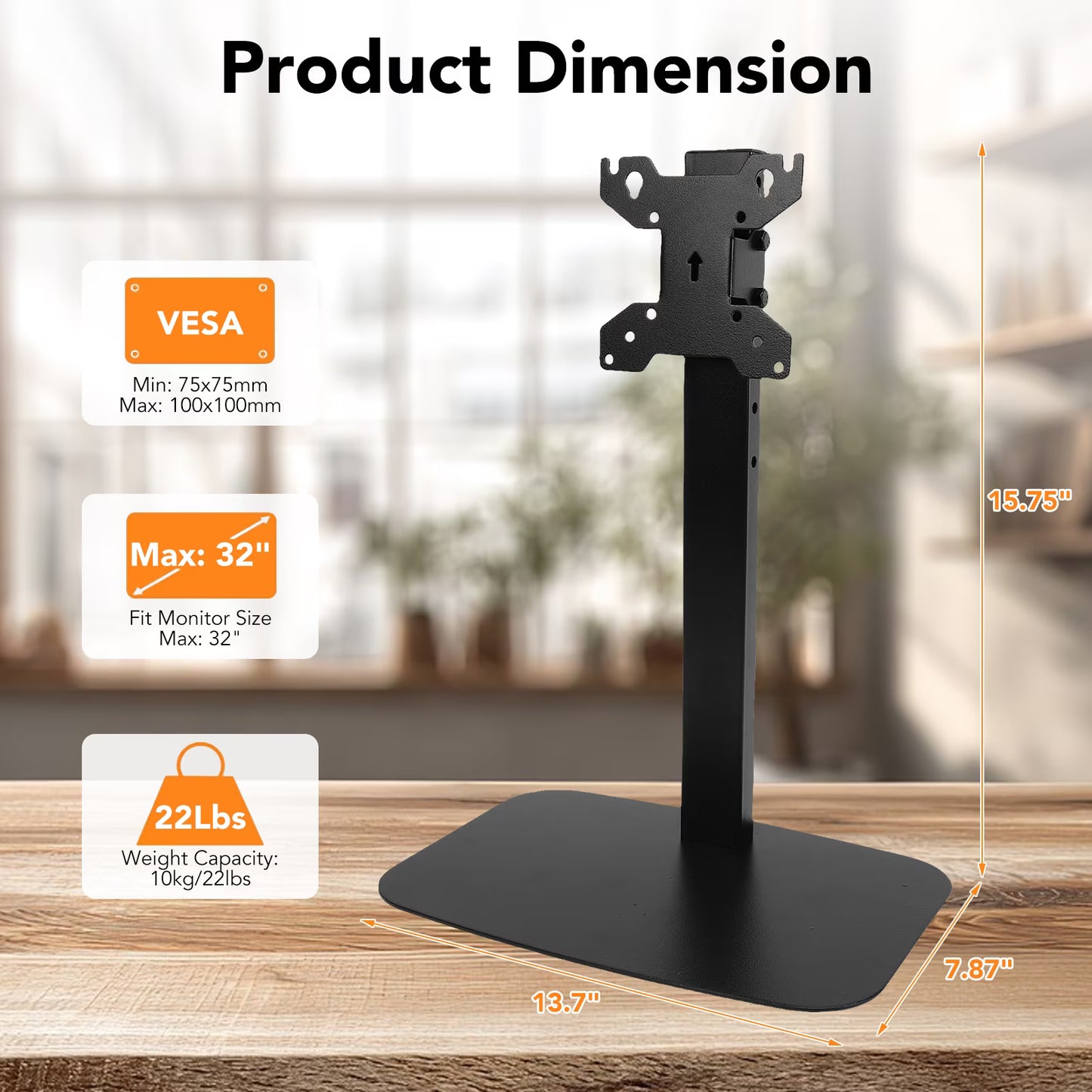 Single Monitor Stands, Freestanding VESA Mount for 14 to 32 inch Screens, Universal Desk Stand Holds up to 22lbs, Display Mount with Height Adjustable, VESA 75x75mm/100x100mm, Black